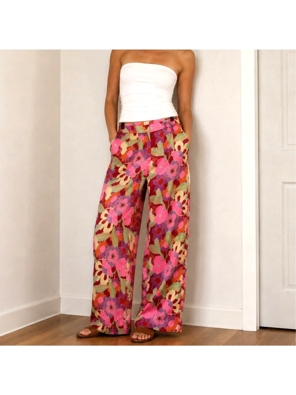 Princess Polly Floral Wide Leg Pants Pink Red Retro High Rise Satin Palazzo-M